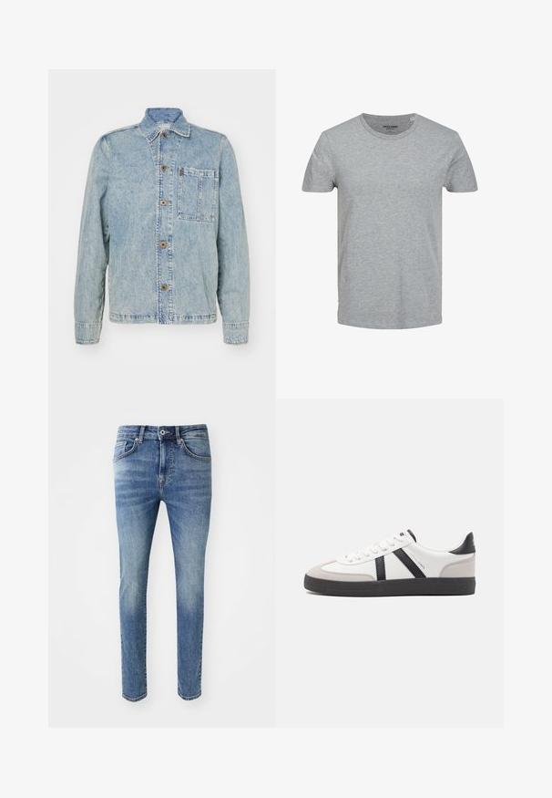 Lyseblå denimjakke med en klassisk krave, forreste knapper og en brystlomme. Har en afslappet pasform og synlige syninger.; Grå kortærmet T-shirt lavet af blød bomuld. Har en klassisk rund halsudskæring og en regulær pasform. Enkel design uden mønstre eller detaljer.; Favnet lys blå denimjeans med slim fit, fem lommer, lynlås og metalknaplukning i taljen.; Hvide sneakers med sorte og grå detaljer, med en tekstureret grå tåhætte, sort gummisål og flade hvide snørebånd. Rent design, minimalistisk stil.