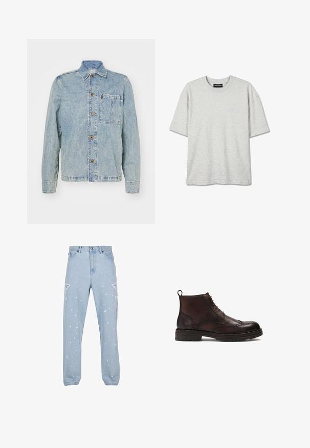 Hellblaues Denimjackett mit klassischem Kragen, vorderen Knöpfen und einer Brusttasche. Es hat eine lockere Passform und sichtbare Nähte.; Hellgraues T-Shirt mit kurzen Ärmeln und Rundhalsausschnitt mit dezentem "PEGADOR"-Logo auf der linken Brustseite und schwarzem Etikett im Halsbereich.; Hellblaue Jeans aus Denim mit entspannter Passform, ausgestattet mit sternförmigen Ausschnitten, Farbspritzern und einem klassischen Fünf-Taschen-Design.; Braune Lederstiefeletten mit Broguedetails, runder Zehenform, Schnürdesign und einer strukturierten Gummisohle mit einer Zuglasche an der Ferse.