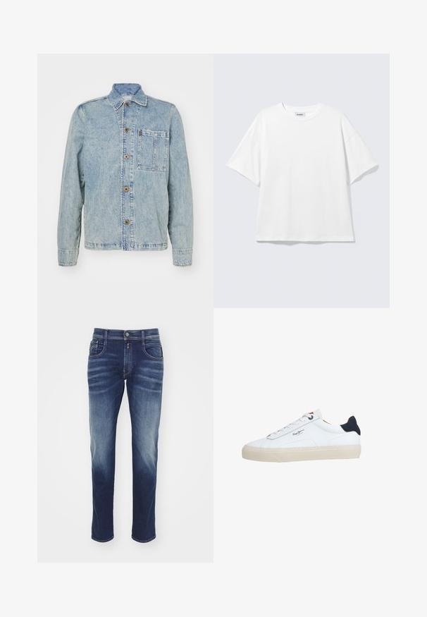 Hellblaues Denimjackett mit klassischem Kragen, vorderen Knöpfen und einer Brusttasche. Es hat eine lockere Passform und sichtbare Nähte.; Weißes oversized T-Shirt mit kurzen Ärmeln und Rundhalsausschnitt mit eingesetzten Schultern, flach auf hellgrauem Hintergrund.; Dunkelblaue Jeans aus Denim mit geradem Bein, leichter Ausbleichung, fünf Taschen, Knopfverschluss und genähten Akzenten entlang der Nähte.; Weißer Sneaker in niedriger Schnittform mit beiger Sohle, weißen Schnürsenkeln, schwarzem Fersenlasche und dem "Pepe Jeans London"-Logo an der Seite.
