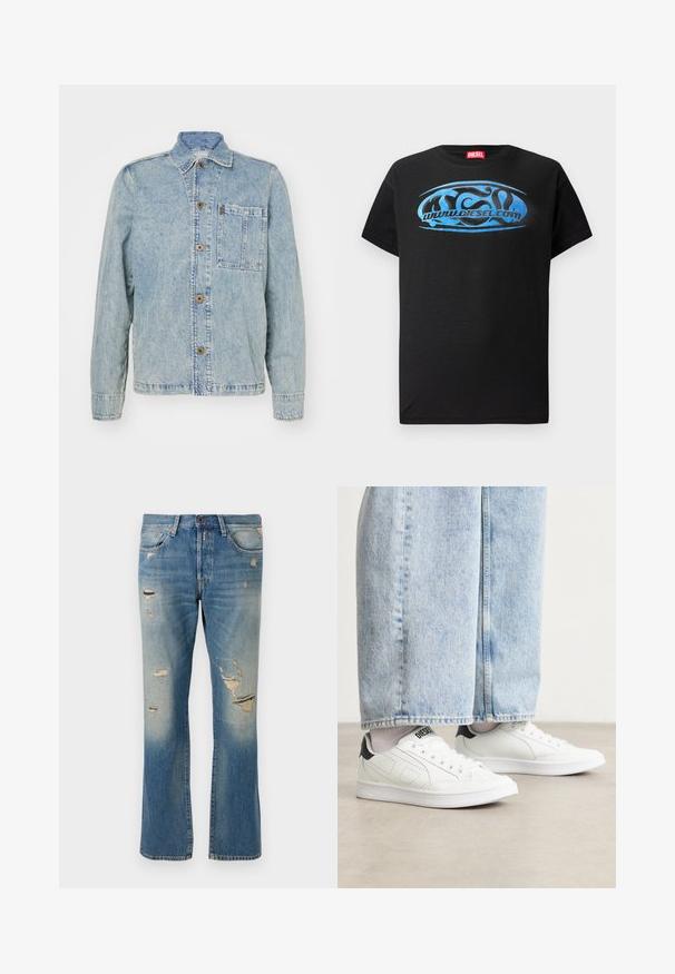 Hellblaues Denimjackett mit klassischem Kragen, vorderen Knöpfen und einer Brusttasche. Es hat eine lockere Passform und sichtbare Nähte.; Schwarzes T-Shirt mit kurzen Ärmeln aus Baumwolle, das ein blaues Grafik-Logo-Design mit dem Text "www.diesel.com" auf der Front zeigt.; Hellblaue Denim-Jeans mit einer lockeren Passform, die verwaschene Details und fransige Patches aufweisen, mit dem klassischen Fünf-Taschen-Design und einem Knopfverschluss.; Weiße Sneaker mit einer glatten Ledertextur, schwarzen Fersenakzenten und perforierten Details. Kombiniert mit hellblauen, weiten Jeanshosen.
