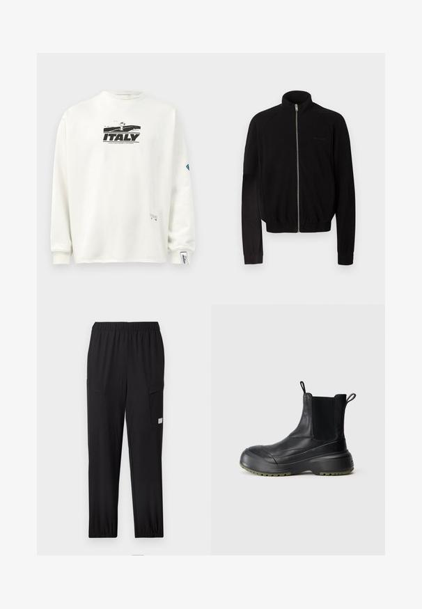 Veste noire à manches longues avec un col montant, une fermeture éclair avant argentée, des poignets et une ceinture élastiques, présentée sur un fond clair uni.; Sweatshirt blanc à manches longues avec un imprimé graphique noir de "ITALIE" et d'un personnage, en tissu texturé et avec des poignets côtelés.; Pantalon cargo noir avec une taille élastique, deux poches latérales et des poignets froncés. Confectionné en tissu léger et respirant.; Bottines en cuir noir avec panneau élastique sur les côtés, bout arrondi et semelle en caoutchouc épaisse avec des accents olive et des languettes de tirage.
