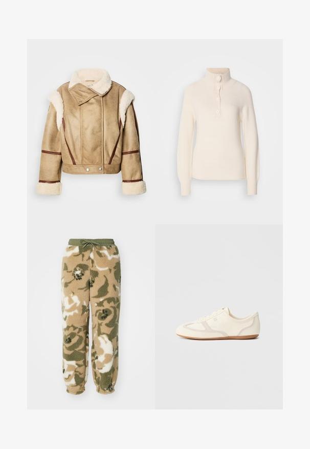 Veste en shearling beige coupée avec des bordures en cuir marron, un large col et des boutons-pression argentés. Texture douce avec des détails de couture prononcés.; Pull cream avec col montant, doté d'une patte de boutonnage à quatre boutons et de poignets et d'un ourlet côtelés. Fabriqué dans un tissu doux et texturé.; Pantalons de jogging en polaire avec taille élastique à cordon. Caractéristiques d'un motif camouflage en beige, vert et blanc. Matériau doux et texturé.; Baskets couleur crème avec une tige en daim et tissu, un bout arrondi, et une semelle en caoutchouc avec un détail accent beige. Fermeture à lacets.