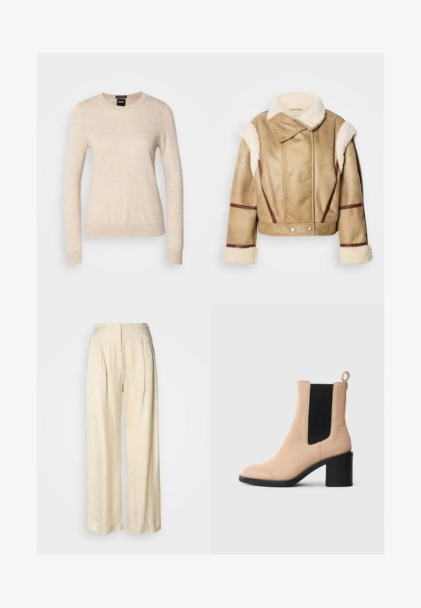 Beige geschorene Lammfelljacke mit braunen Lederbesätzen, breitem Kragen und silbernen Druckknöpfen. Weiche Textur mit ausgeprägten Steppdetails.; BOSS FERPINA - Strickpullover - light beige; Hohe Taille, cremefarbene Seidenhose mit Falten, weitem Bein und einem versteckten Reißverschluss vorne vor schlichtem weißem Hintergrund.; Beige Wildleder-Ankle-Boot mit Blockabsatz, ausgestattet mit einem schwarzen elastischen Einsatz und einer Zuglasche an der Rückseite. Glatte Textur und abgerundete Zehenform.