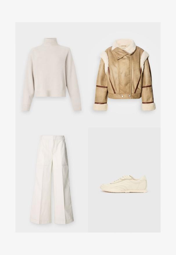 Beskåret beige shearling-jakke med brunt læderbeslag, bred krave og sølvfarvede trykknapper. Blød tekstur med fremtrædende syninger.; Lys beige turtleneck sweater lavet af blødt stof. Har en afslappet pasform, ribbet kant og manchetter samt lange ærmer. Minimalistisk design.; Bukser med vide ben i hvid bomuld, med forlommer og detaljerede syninger. Glat tekstur med et rent, minimalistisk design.; Lavprofileret sneaker i cremefarve med bølget syning, snørebånd og en rilleret sål, vist fra siden på en ensfarvet baggrund.