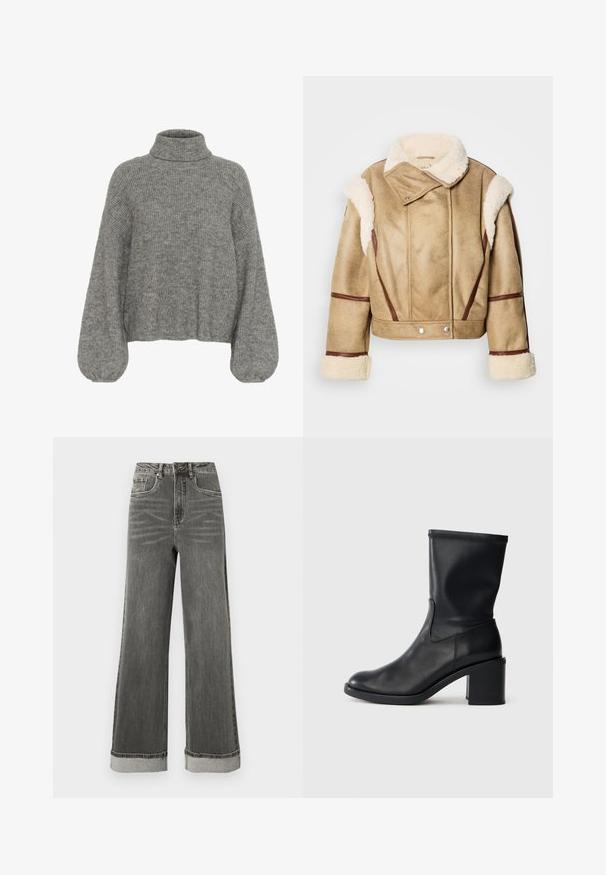 Beskåret beige shearling-jakke med brunt læderbeslag, bred krave og sølvfarvede trykknapper. Blød tekstur med fremtrædende syninger.; Grå, ribbet strikket sweater med høj hals, drop skuldre og voluminøse ærmer. Blød tekstur og cropped længde.; Grå denimjeans med vide ben, høj talje, fem lommer og opbukket kant. Stoffet har en let slidte struktur med synlige syninger.; Sort læder ankelstøvle med rund tå, glat tekstur og en grov hæl, der har et tætsiddende skaft og subtil syning.