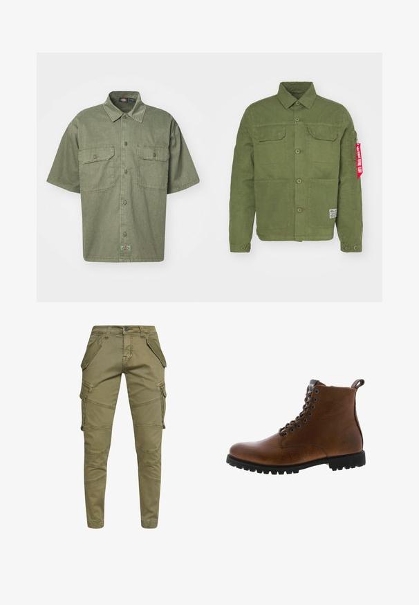 Chaqueta de algodón verde con dos bolsillos frontales, cierre de botones y una etiqueta de tela roja en la manga. Presenta un cuello y detalles en los hombros.; Camisa de manga corta de color verde oliva, hecha de un tejido texturizado, con cuello tipo polo, dos bolsillos frontales y una pequeña etiqueta de marca en el dobladillo.; Pantalones cargo verde oliva fabricados en una mezcla de algodón, con múltiples bolsillos laterales, diseño ajustado y costuras detalladas a lo largo de las piernas.; Botas de cuero marrón hasta el tobillo con acabado texturizado, ojales de metal y suela de goma negra con protuberancias. Presenta una lengüeta en la parte posterior para facilitar su uso.