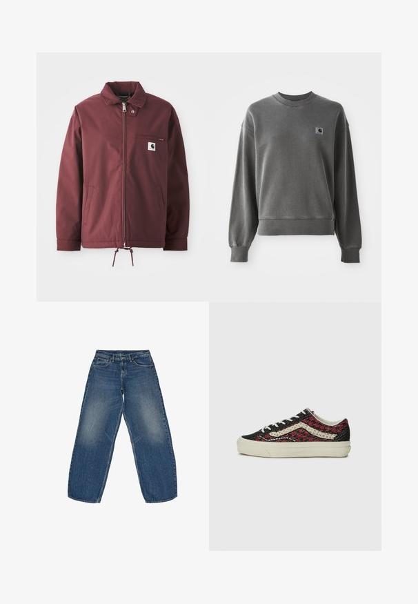 Burgunderfarbene Utility-Jacke aus strapazierfähigem Material. Mit einem Reißverschluss vorne, Stehkragen, Brusttasche und verstellbarem Kordelzug am Saum.; Grau pullover Sweatshirt aus glattem Baumwollmix, mit rundem Halsausschnitt, gerippten Bündchen und einem kleinen Logopatch auf der linken Brust.; Weite Jeans aus Denim in Mittelblau, mit einer verblassten Waschung, klassischem Fünf-Taschen-Design und robusten Nähten an den Säumen.; Vans OLD SKOOL 36 UNISEX - Sneaker low - bordeaux
