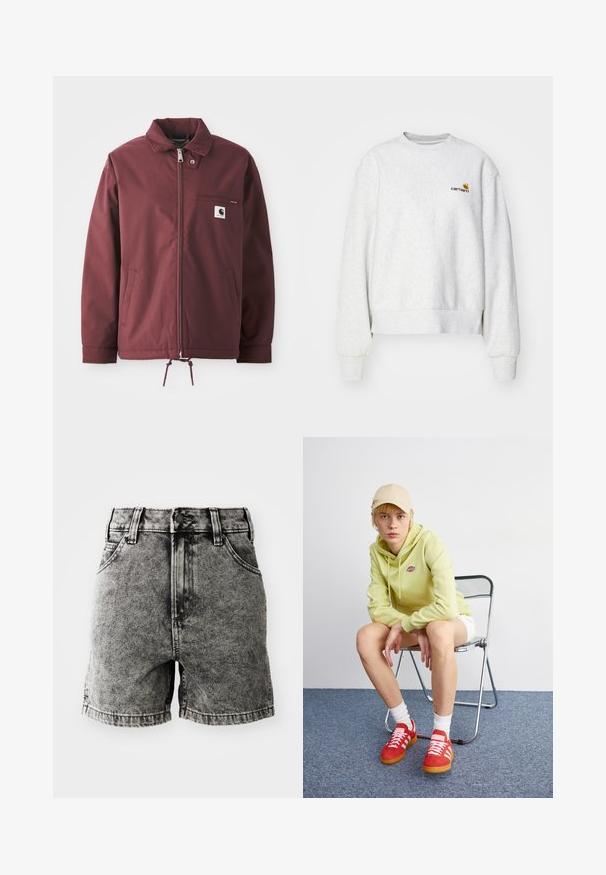 Bordeaux utilityjack gemaakt van duurzaam materiaal. Beschikt over een ritssluiting aan de voorkant, een staande kraag, een borstzak en een verstelbaar trekkoord aan de onderkant.; Grijze crewneck sweatshirt van een zachte stof met geribbelde manchetten en onderrand; voorzien van een geborduurd logo op de borst in geel en bordeauxrood.; Zwarte denim shorts met een hoge taille, vijf zakken en een versleten textuur met zichtbare stiksels en metalen hardware details.; Lichtgroene hoodie met logo, witte shorts, rode sneakers met witte strepen, zittend op een chroom opvouwstoel tegen een neutrale achtergrond.