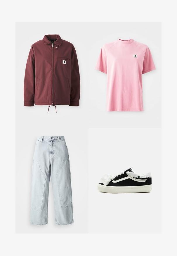 Burgunderfarbene Utility-Jacke aus strapazierfähigem Material. Mit einem Reißverschluss vorne, Stehkragen, Brusttasche und verstellbarem Kordelzug am Saum.; Rosa Baumwoll-T-Shirt mit Rundhalsausschnitt und kurzen Ärmeln. Verfügt über ein kleines quadratisches Logopatch auf der linken Brustseite. Geschmeidige Textur.; Helle blaue Denim-Hosen mit weitem Bein, großen Seitentaschen, hohem Bund und lockerer Passform. Abgenutzte Textur mit verwaschenem Finish.; Schwarzer Sneaker mit niedrigem Schaft, weißer Sohle, weißem Streifen an der Seite und dekorativem weißem gerafftem Stoff entlang der Zunge und des Knöchelkragens.