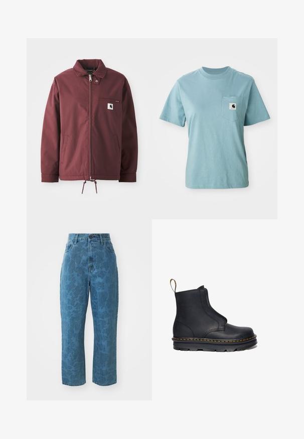 Burgunderfarbene Utility-Jacke aus strapazierfähigem Material. Mit einem Reißverschluss vorne, Stehkragen, Brusttasche und verstellbarem Kordelzug am Saum.; Helles blaues, kurzärmliges Baumwoll-T-Shirt mit Brusttasche, das mit einem kleinen schwarz-weißen Carhartt-Logo-Patch versehen ist.; Hellblaue Jeans aus Denim mit subtiler gemusterter Textur, hoher Taille und geradem Bein. Mit einem vorderen Knopf- und Reißverschluss.; Schwarze Leder-Stiefelette mit elastischen seitlichen Einsätzen, runder Zehenform, kontrastierenden gelben Nähten und einer robusten Gummisohle.