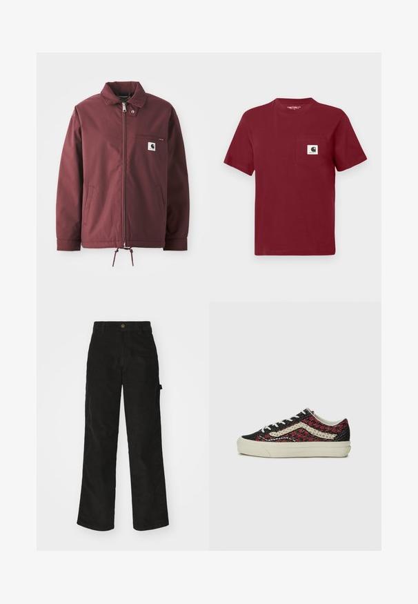 Bordeaux utilityjakke lavet af slidstærkt stof. Har lynlås front, standkrave, brystlomme og justerbar snor i kanten.; Rød kortærmet t-shirt lavet af bomuld, med en venstre brystlomme og et hvidt logo patch. Rund halsudskæring, afslappet pasform.; Sorte kordfløjsbukser med et lige ben-design, der har en knaplukning og sidelommer. Glat tekstur med fine lodrette striber.; Vans OLD SKOOL 36 UNISEX - Sneakers - bordeaux