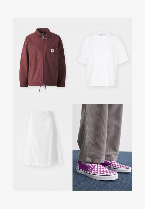 Bordeaux utilityjack gemaakt van duurzaam materiaal. Beschikt over een ritssluiting aan de voorkant, een staande kraag, een borstzak en een verstelbaar trekkoord aan de onderkant.; Witte katoenen t-shirt met een ronde hals, korte mouwen en een ontspannen pasvorm. Heeft een subtiel logo op het linkerborstgedeelte. Zachte textuur.; Witte rok met een elastische tailleband, met een gestructureerd patroon en een volantszoom aan de onderkant. Eenvoudig A-lijn ontwerp.; Paarse en witte schaakbord slip-on Vans schoenen, met een glad oppervlak en contrasterende zwarte rand, gecombineerd met een grijze corduroy broek.