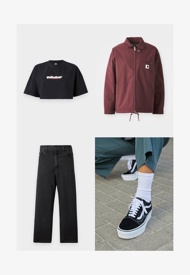 Veste utilitaire bordeaux en tissu durable. Dotée d'une fermeture éclair à l'avant, d'un col montant, d'une poche sur la poitrine et d'un cordon de serrage réglable à l'ourlet.; T-shirt noir à crop top, manches courtes, en coton. L'avant affiche le logo "Quiksilver Boarding Company" en blanc et rouge.; Jean en denim noir avec une taille haute, coupe droite, conception à cinq poches et fermeture classique à boutons sur le devant. Tissu doux et texturé.; Baskets en suède noir avec des accents et des lacets blancs, présentant une épaisse semelle blanche et des coutures contrastantes, associées à une chaussette blanche.