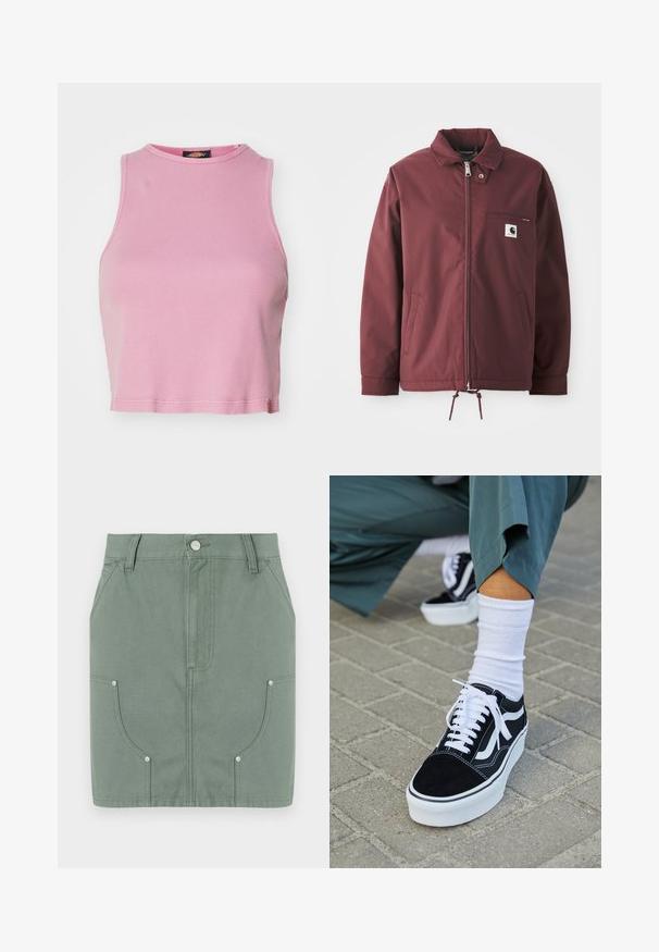 Burgunderfarbene Utility-Jacke aus strapazierfähigem Material. Mit einem Reißverschluss vorne, Stehkragen, Brusttasche und verstellbarem Kordelzug am Saum.; Rosa gerippter Cropped-Top mit rundem Halsausschnitt und ärmellosem Design. Besitzt einen Saum, der knapp über der Taille endet.; Grüne Baumwollrock mit einem taillierten Design, ausgestattet mit vorderen Taschen, glatter Textur und metallischen Hardware-Akzenten an den Taschen.; Schwarze Wildledersneaker mit weißen Akzenten und Schnürsenkeln, ausgestattet mit einer dicken weißen Sohle und kontrastierenden Nähten, kombiniert mit einer weißen Socke.