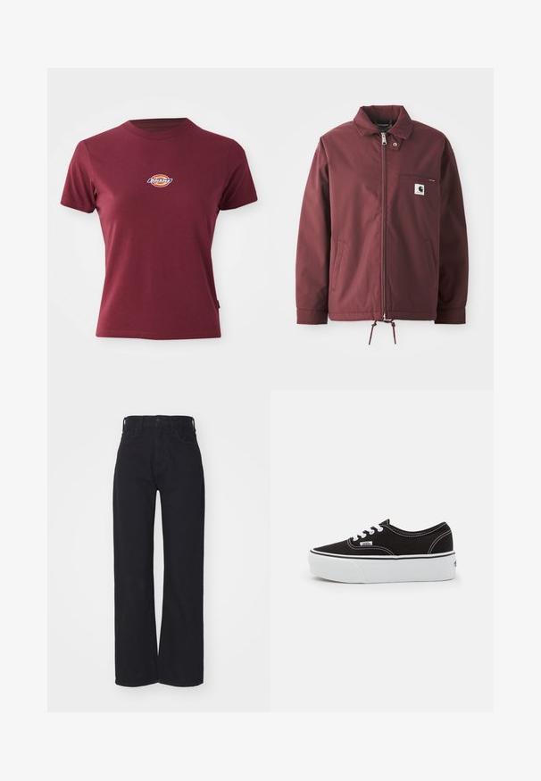 Veste utilitaire bordeaux en tissu durable. Dotée d'une fermeture éclair à l'avant, d'un col montant, d'une poche sur la poitrine et d'un cordon de serrage réglable à l'ourlet.; T-shirt court à manches courtes de couleur bordeaux en coton, avec un col rond et un petit logo "Dickies" multicolore sur la poitrine.; Jeans noirs taille haute à jambes larges avec fermeture à bouton et zip à l'avant, passants de ceinture et deux poches avant sur fond blanc.; Baskets en toile noires avec une semelle en caoutchouc blanc, dotées de lacets et de coutures blanches, marquage emblématique sur le côté, design basse.