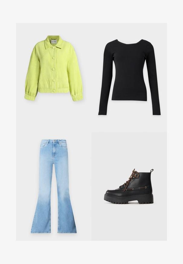 Chaqueta texturizada de color verde claro con grandes botones cubiertos de tela, puños elásticos y cuello, mostrada sobre un fondo blanco.; Top negro ajustado de manga larga con un amplio escote redondeado y textura acanalada sobre un fondo claro liso.; Vaqueros acampanados de mezclilla en azul claro con cintura alta, que cuentan con bolsillos delanteros y una textura desgastada hacia la parte inferior de las piernas.; Botas de cuero negro hasta el tobillo con una suela gruesa y texturizada, puntera redonda, cordones marrones y ojales de metal, que cuentan con una cinta de tirón en la parte trasera.