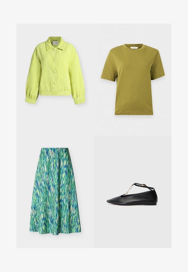 Veste texturée vert clair avec de gros boutons recouverts de tissu, poignets élastiques et col, présentée sur fond blanc.; T-shirt olive à manches courtes et col rond avec un ourlet droit, présenté sur un fond gris clair.; Jupe midi évasée avec motif abstrait de coups de pinceau dans des nuances de vert, bleu et crème sur fond blanc.; Ballerines noires en cuir avec un bout pointu, un design découpé, une bride à la cheville et un accent en chaîne dorée. Texture lisse, talon minimal.