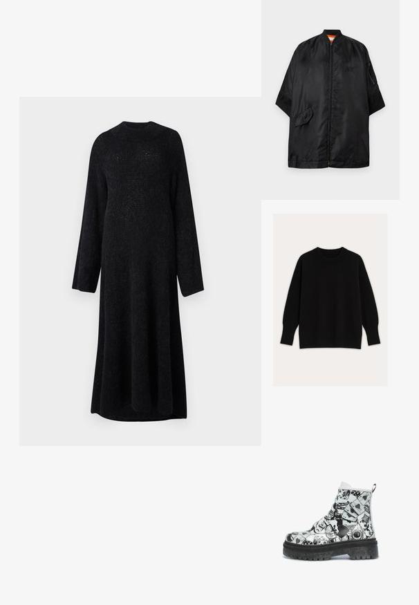 Sort oversized bomberjakke med frontlynlås, korte ærmer, sidelomme med klap og lynlås på ærmet, med en diskret broderet logo.; Sort strikket sweater med rund halsudskæring, faldende skuldre samt ribstrikkede manchetter og kant. Glat tekstur med en løs pasform.; Lang sort strikket kjole med rund halsudskæring og lange ærmer, der har en afslappet pasform og blød tekstur.; Sort-hvide ankelstøvler med en blank finish, der prydes af et legende mønster med terninger, hjerter og pengesymboler, samt en tykkere, tekstureret sål.