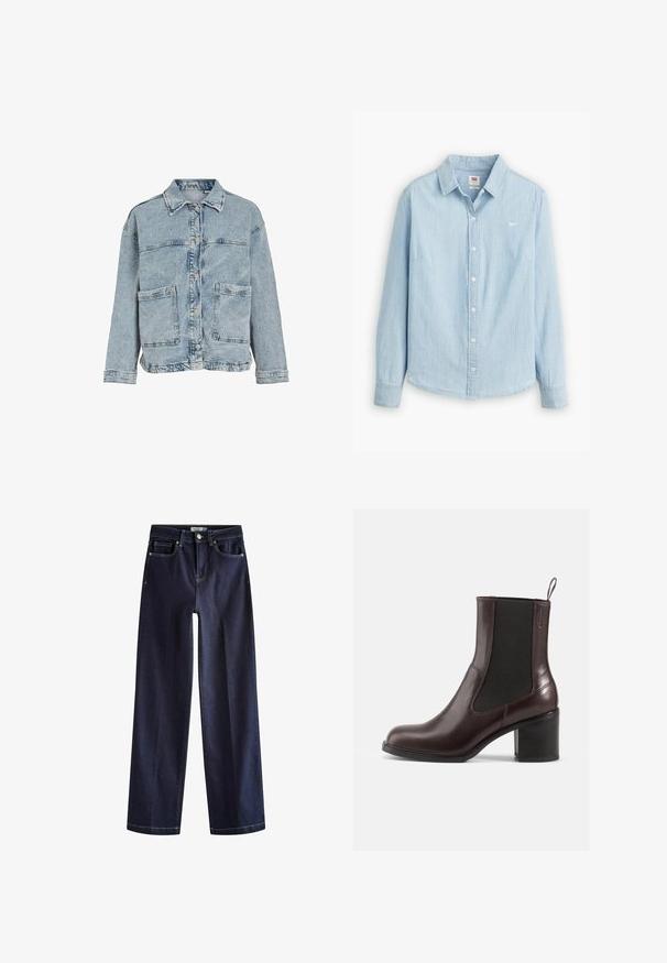 Lyseblå jeansjakke med klassisk knaplukning, to forlommer og en let slidset kant. Blødt materiale og afslappet pasform.; Lyseblå skjorte med knapper lavet af blødt denimstof. Har en klassisk krave og lange ærmer, med et lille logo på brystet.; Next Jeans Straight Leg - rinse blue; Brune læder ankelstøvler med elastiske sidepaneler, rund tå og blokhæl. Glat tekstur og diskret syning.