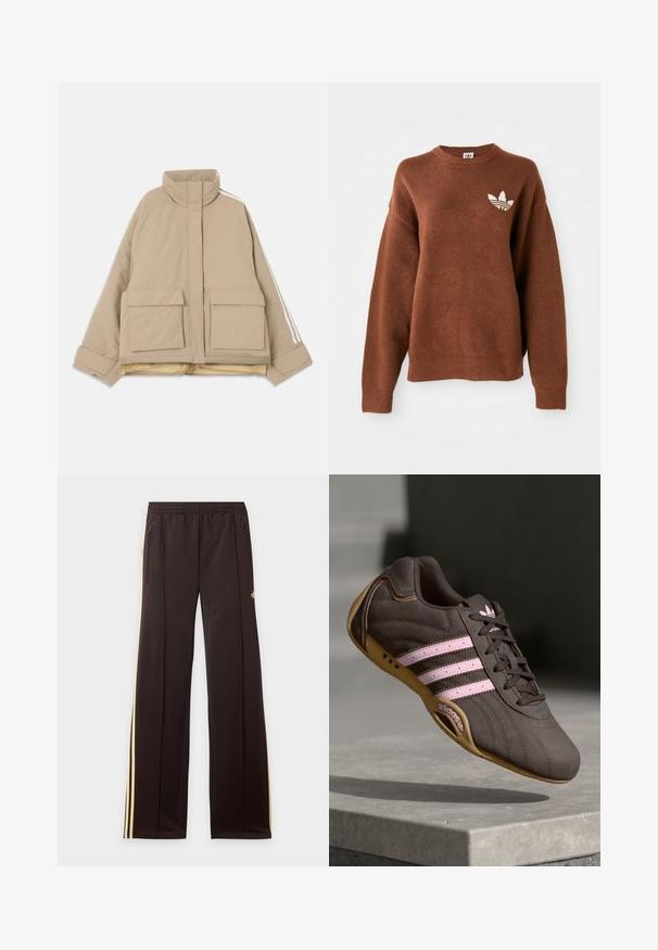 Beige vatteret jakke med opretstående krave, to store frontlommer med klap og hvide striber, der løber ned ad ærmerne, på en lys baggrund.; Brun strikket sweatshirt med rund hals, faldende skuldre, ribbede ærmeafslutninger og en hvid broderet logo på venstre bryst.; Sorte træningsbukser med gule sidelister, elastisk taljebånd, lynlåslommer i siderne og en lille logo på den øvre lår.; Brune ruskind atletik sko med pink striber og logo, med en tekstureret overdel, snørebåndslukning og en gummirubbersål.