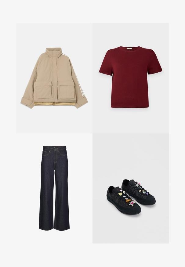 Veste matelassée beige avec col montant, deux grandes poches à rabat à l'avant, et des rayures blanches courant le long des manches sur un fond clair.; Pull à manches courtes couleur bordeaux en matière tricotée douce; encolure ronde, poignets et ourlet côtelés; design simple sans motifs ou accents visibles.; Jeans taille haute à jambes larges en denim foncé. Dotés de coutures classiques, de cinq poches et d'une fermeture à bouton à l'avant.; Baskets en dentelle noire décorées d'accessoires charms colorés et métalliques attachés aux lacets sur un fond gris uni.