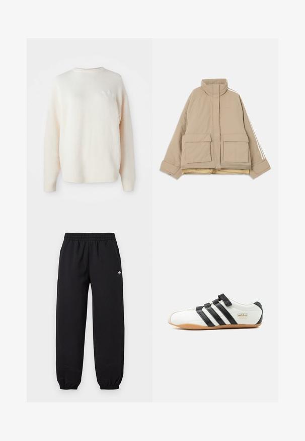 Beige gesteppte Jacke mit Stehkragen, zwei großen vorderen Klappentaschen und weißen Streifen, die an den Ärmeln entlanglaufen, vor hellem Hintergrund.; Weißer, übergroßer Fleece-Pullover mit gerippten Bündchen und Saum. Verfügt über ein kleines, tonal gehaltenes Logo auf der linken Brust. Weicher Stoff und lockere Passform.; Schwarze Adidas Trainingshose mit elastischem Bund und Bündchen, mit kleinem weißem Adidas-Logo am oberen linken Oberschenkel.; Weißer Adidas-Tokyo-Sneaker mit schwarzen Streifen, schwarzen Klettverschlüssen und Gummisohle, seitlich auf weißem Hintergrund dargestellt.