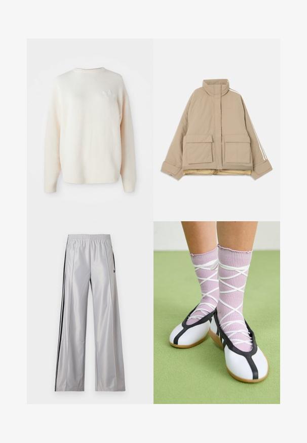 Beige-padded untuvatakki pystypiikeillä, kahdella suurella etutaskulla ja valkoisilla raidoilla hihoissa vaalealla taustalla.; Valkoinen, ylisuurikokoinen fleece-paita, jossa on ribbireunat hihoissa ja helmassa. Vasemmassa rinnassa pieni, sävyä vastaava logo. Pehmeä tekstuuri ja rento istuvuus.; Vaaleanharmaat Adidas verkkarit joustavalla vyötäröllä, mustilla sivuraidoilla ja pienellä mustalla Adidas-logolla vasemmassa reisessä.; Jalat, joissa on ribbineuloksiset laventelinväriset sukat, joissa on valkoiset ristikkäiset hihnat, yhdistettyinä valkoisiin balettikenkiin, joissa on mustat reunukset vihreällä lattialla.