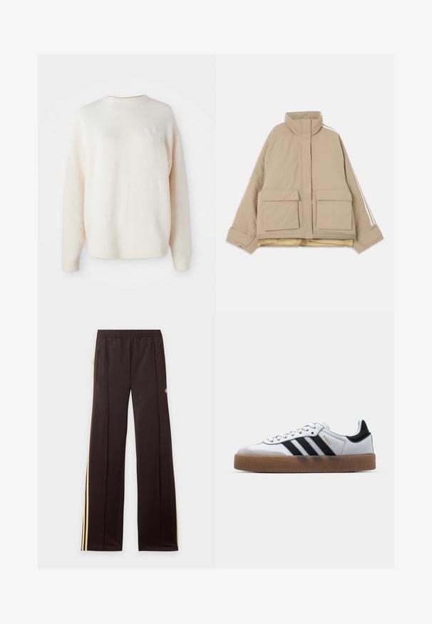 Beige gewatteerde jas met opstaande kraag, twee grote voorvakken met kleppen en witte strepen langs de mouwen op een lichte achtergrond.; Witte, oversized fleece sweater met geribbelde manchetten en zoom. Heeft een klein, ton-sur-ton logo op de linkerkant van de borst. Zachte textuur en een ontspannen pasvorm.; Zwarte trainingsbroek met gele zijstrepen, elastische tailleband, ritszakken aan de zijkant en een klein logo op het bovenbeen.; Witte leren sneakers met zwarte strepen, gumrubberen buitenzool, ronde neus, vetersluiting en een zachte grijze suède neuskap.