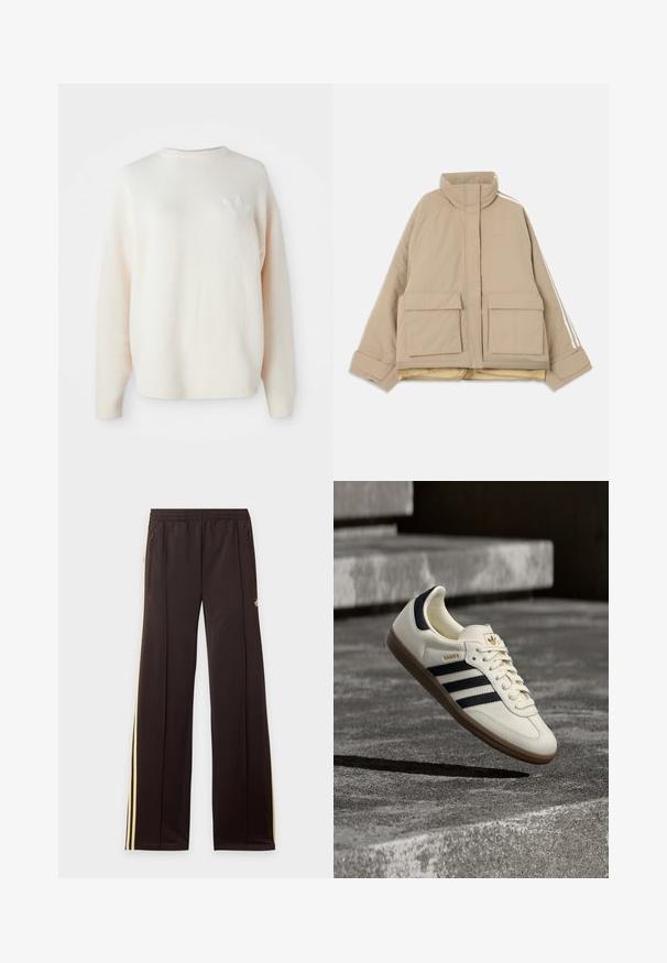 Chaqueta acolchada beige con cuello alto, dos grandes bolsillos frontales con solapa y rayas blancas que recorren las mangas sobre un fondo claro.; Sudadera de felpa blanca y de gran tamaño con puños y dobladillo acanalados. Presenta un pequeño logotipo tono sobre tono en el lado izquierdo del pecho. Textura suave y corte holgado.; Pantalones de chándal negros con rayas amarillas laterales, cintura elástica, bolsillos laterales con cremallera y un pequeño logo en el muslo superior.; Zapatilla blanca Adidas Samba con franjas negras y suela de goma, flotando sobre escalones de hormigón gris texturizado.
