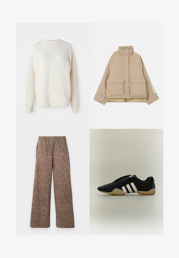 Beige gewatteerde jas met opstaande kraag, twee grote voorvakken met kleppen en witte strepen langs de mouwen op een lichte achtergrond.; Witte, oversized fleece sweater met geribbelde manchetten en zoom. Heeft een klein, ton-sur-ton logo op de linkerkant van de borst. Zachte textuur en een ontspannen pasvorm.; Bruine broek met brede pijpen met een beige dierenprintpatroon, elastische tailleband en contrasterende zwarte zijstrepen. Zachte stoftextuur.; Zwart sportief schoen met witte strepen en beige getextureerde zool op een neutrale achtergrond, weergegeven in zijprofiel.