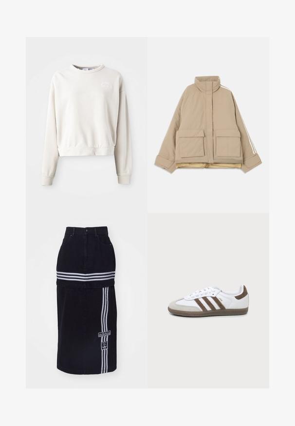 Chaqueta acolchada beige con cuello alto, dos grandes bolsillos frontales con solapa y rayas blancas que recorren las mangas sobre un fondo claro.; Sudadera corta de color crema hecha de tejido suave, con cuello redondo, mangas largas y un logo bordado en el pecho.; Falda de mezclilla negra con cintura alta, que presenta dos rayas horizontales blancas, una etiqueta con el logo de Adidas en el lateral y un diseño de corte recto.; Zapatilla Adidas Samba blanca y marrón con tres franjas marrones, cordones y suela texturizada mostrada de lado sobre un fondo liso.