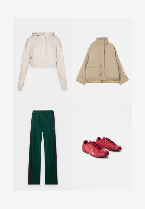 Beige vatteret jakke med opretstående krave, to store frontlommer med klap og hvide striber, der løber ned ad ærmerne, på en lys baggrund.; Lys beige cropped sweatshirt med hætte, med et hvidt trekantet logo og hvide side striber. Lavet af blødt, tekstureret stof.; Mørkegrønne træningsbukser med lyserøde sidelister, lynlåslommer, elastisk taljebånd og lille lyserødt Adidas-logo på højre side.; Røde atletiske sko lavet af læder og ruskind, der har en struktureret overdel, snørrelukning og en sort gummisål med et buet design.