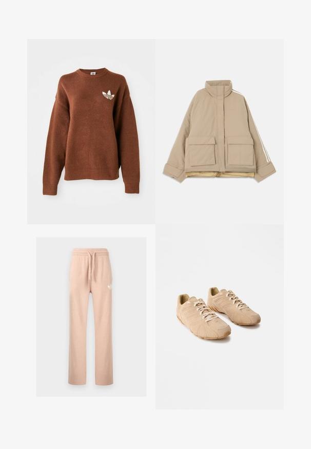 Beige gewatteerde jas met opstaande kraag, twee grote voorvakken met kleppen en witte strepen langs de mouwen op een lichte achtergrond.; Bruine gebreide sweatshirt met ronde hals, doorgezakte schouders, geribbelde manchetten en een geborduurd wit logo op de linkerborst.; Lichtroze gebreide joggingbroek met een elastische tailleband, trekkoord, rechte pijpen en een klein wit Adidas-logo op de linker dij.; Beige sportieve schoenen met een textuur van suede bovenwerk, een opvallende gebogen rubberen zool en vetersluiting. Heeft geperforeerde details aan de zijkanten.