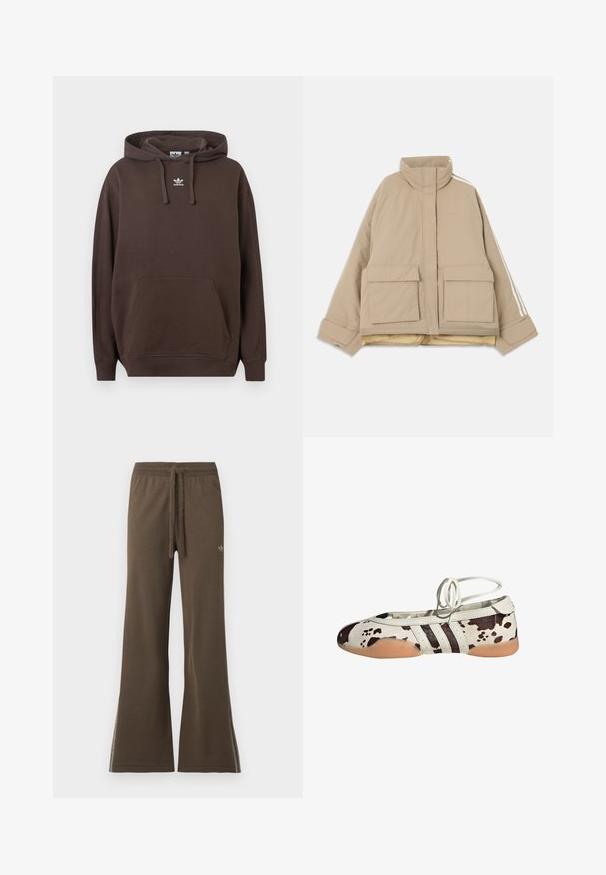 Beige vatteret jakke med opretstående krave, to store frontlommer med klap og hvide striber, der løber ned ad ærmerne, på en lys baggrund.; Brun hoodie lavet af blødt stof med kængurulomme, snøre i hætten og hvidt Adidas-logo på brystet. Regular fit design.; Brune sweatpants med vide ben, elastisk talje, snøre og lille Adidas-logo på venstre lår, vist på hvid baggrund.; Hvide balletflade sko i læder med brun ko-print, der har tre sorte striber på siden og en fleksibel, tanfarvet gummisål.