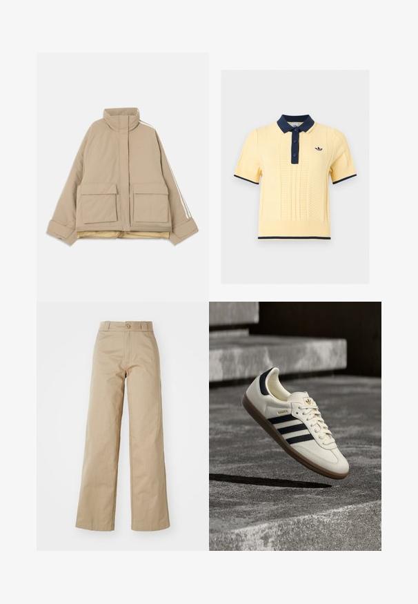 Chaqueta acolchada beige con cuello alto, dos grandes bolsillos frontales con solapa y rayas blancas que recorren las mangas sobre un fondo claro.; Polo de punto amarillo de manga corta con cuello azul marino, tapeta de botones, puños, ribete en el bajo y pequeño logo bordado en el pecho.; Pantalones de pierna ancha beige hechos de algodón, con cierre de botón y lazadas para cinturón, con una textura suave y un acabado limpio.; Zapatilla blanca Adidas Samba con franjas negras y suela de goma, flotando sobre escalones de hormigón gris texturizado.
