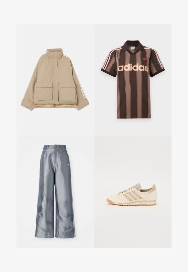 Beige gesteppte Jacke mit Stehkragen, zwei großen vorderen Klappentaschen und weißen Streifen, die an den Ärmeln entlanglaufen, vor hellem Hintergrund.; Braunes gestreiftes Adidas-Poloshirt mit V-Ausschnitt, bordeauxrotem Kragen und rotem Logo. Mit weißen und roten Schulterstreifen, kurzen Ärmeln.; Weite Hose aus glänzendem grauem Material, ausgestattet mit weißen seitlichen Streifen und einem Flammenmuster an den Unterschenkeln. Knopf- und Reißverschlussverschluss an der Taille.; Helle beige Sportschuh mit einem Obermaterial aus Mesh, drei Streifen und einer strukturierten Gummisohle. Verfügt über eine abgerundete Zehenpartie und minimalistisches Design.
