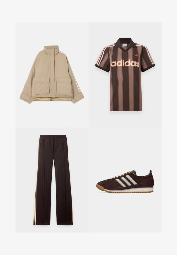 Veste matelassée beige avec col montant, deux grandes poches à rabat à l'avant, et des rayures blanches courant le long des manches sur un fond clair.; Polo Adidas rayé marron avec col en V, col bordeaux, et logo rouge. Comprend des rayures blanches et rouges sur les épaules, manches courtes.; Pantalon de survêtement noir avec des bandes latérales jaunes, taille élastique, poches latérales zippées et un petit logo sur la partie supérieure de la cuisse.; Sneaker bas de profil en bordeaux sombre d'Adidas avec des rayures blanches, des lacets crème et une semelle en caoutchouc, vue de côté sur fond uni.