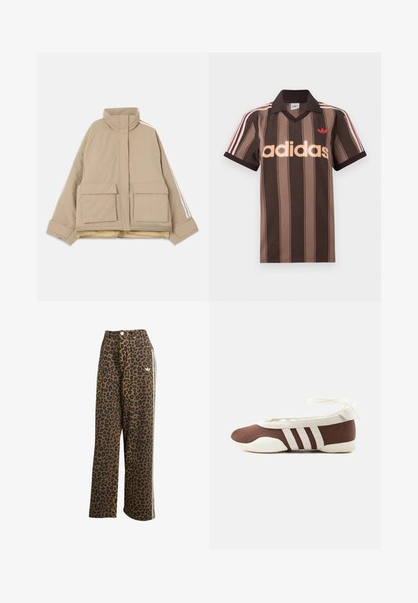 Beige vatteret jakke med opretstående krave, to store frontlommer med klap og hvide striber, der løber ned ad ærmerne, på en lys baggrund.; Brunstribet Adidas polo-shirt med V-hals, bordeaux krave og rødt logo. Har hvide og røde skulderstriber samt korte ærmer.; Leopardprint vide bukser i brun med sorte pletter, med høj talje og hvide sideløsninger, lavet af bomuldsstof.; Brun og hvid balletflad sko med tre hvide striber og ankelbånds sløjfe på en ensartet lys baggrund.
