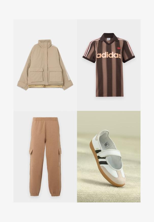 Beige gesteppte Jacke mit Stehkragen, zwei großen vorderen Klappentaschen und weißen Streifen, die an den Ärmeln entlanglaufen, vor hellem Hintergrund.; Braunes gestreiftes Adidas-Poloshirt mit V-Ausschnitt, bordeauxrotem Kragen und rotem Logo. Mit weißen und roten Schulterstreifen, kurzen Ärmeln.; Beige Cargo-Hosen aus weichem Stoff mit einem elastischen Bund, angeschnittenen Knöcheln und seitlichen Taschen, die ein kleines Logodetail aufweisen.; Weiße Schuhe mit einer pinken Wildleder-Zehe, schwarzen Streifen und einem Klettverschluss. Sie verfügen über eine tanfarbene Gummisohle und ein Logo an der Seite.