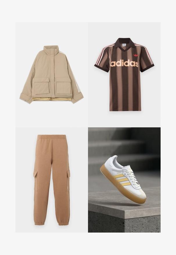 Beige gesteppte Jacke mit Stehkragen, zwei großen vorderen Klappentaschen und weißen Streifen, die an den Ärmeln entlanglaufen, vor hellem Hintergrund.; Braunes gestreiftes Adidas-Poloshirt mit V-Ausschnitt, bordeauxrotem Kragen und rotem Logo. Mit weißen und roten Schulterstreifen, kurzen Ärmeln.; Beige Cargo-Hosen aus weichem Stoff mit einem elastischen Bund, angeschnittenen Knöcheln und seitlichen Taschen, die ein kleines Logodetail aufweisen.; Weißer Ledersneaker mit gelben Akzenten, drei Streifen und einer Gummisohle in Karamellfarbe. Verfügt über eine abgerundete Spitze und eine strukturierte Zunge.