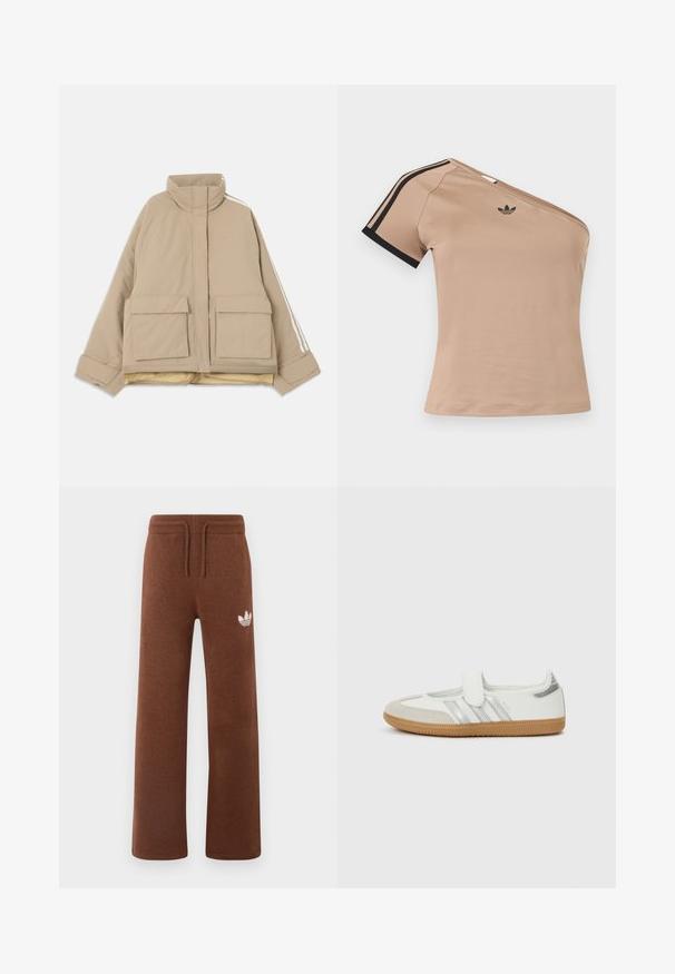 Beige gesteppte Jacke mit Stehkragen, zwei großen vorderen Klappentaschen und weißen Streifen, die an den Ärmeln entlanglaufen, vor hellem Hintergrund.; Beiger Ein-Schulter-Sporttop mit schwarzen Streifen am kurzen Ärmel und kleinem schwarzem Adidas-Logo auf der Brust.; Braune Sweatpants aus weichem Stoff mit lockerem Schnitt, ausgestattet mit einem elastischen Bund, einem Kordelzug und einem weißen Logo am linken Oberschenkel.; Weißer Sneaker mit silbernen Streifen, Wildlederzehenkappe und Klettverschluss. Texturierte Gummisohle in Karamellfarbe. Minimalistisches Design mit glatter Oberfläche.