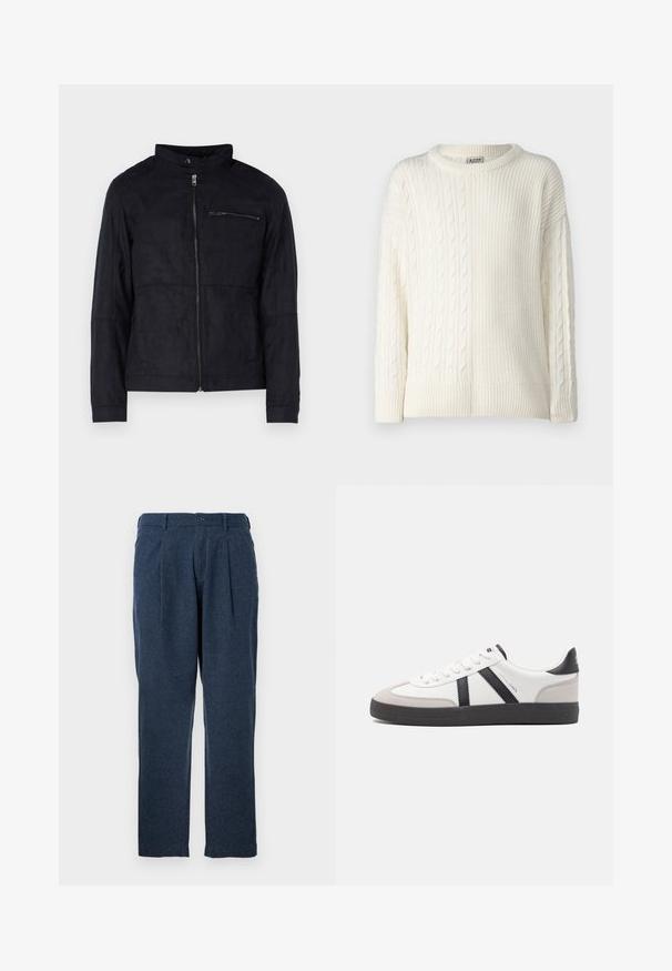Musta takki, joka on valmistettu samettimaisesta materiaalista, jossa on pystykaulus, etuvetoketju ja vetoketjullinen rintatasku. Yksinkertainen muotoilu ja istuva leikkaus.; Denim Project DPMDPKNITTED COMBINED SWEATSHIRT - Neule - off white; Tummansinisiä housuja, jotka on valmistettu teksturoidusta kankaasta. Niissä on poimutuksia, nappikiinnitys ja suora lahje.; Valkoiset lenkkarit mustilla ja harmailla yksityiskohdilla, joissa on teksturoitu harmaa kärki, musta kumipohja ja litteät valkoiset nauhat. Siisti muotoilu, minimalistinen tyyli.