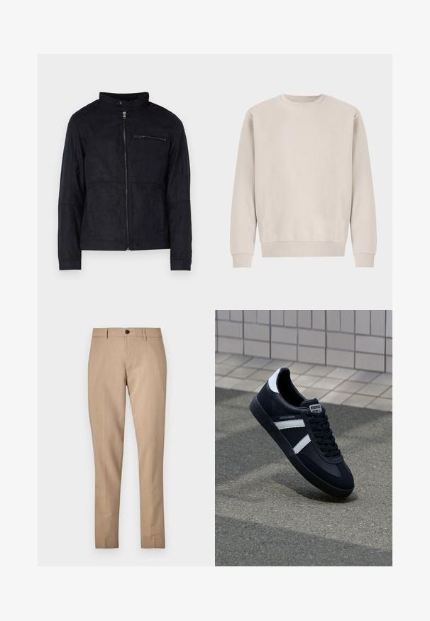 Sort jakke lavet af suede-lignende materiale, med ståkrave, front lynlås og en lynlåslomme på brystet. Enkel design med skræddersyet pasform.; Beige crewneck sweatshirt lavet af blødt bomuld, med en afslappet pasform, ribbede mansjetter og kant, uden synlige mønstre eller hardware.; Beige skræddersyede bukser lavet af en glat stof, med knaplukning, bæltestropper og slank pasform med lige ben.; Sort lædersneaker med hvide striber, tekstureret gummisål og snørrebånd foran. Har et brandet mærke på tungen.