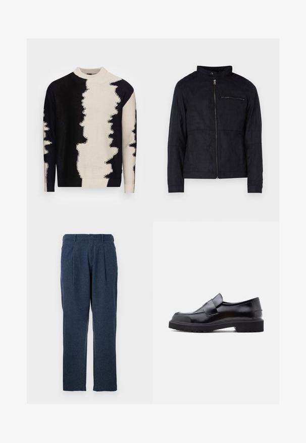Veste noire en matériau similaire au daim, dotée d'un col montant, d'une fermeture éclair à l'avant et d'une poche poitrine zippée. Design simple avec une coupe ajustée.; Pull en tricot avec un col haut, motif abstrait noir et blanc audacieux, tissu texturé et bords côtelés au niveau des poignets et de l'ourlet.; Pantalons bleu foncé en tissu texturé, dotés de plis, d'une fermeture à bouton et d'une coupe droite.; Chaussure noire en cuir à enfiler avec un design épuré, bout rond et semelle épaisse en caoutchouc texturé. Présente une sangle décorative à l'avant.
