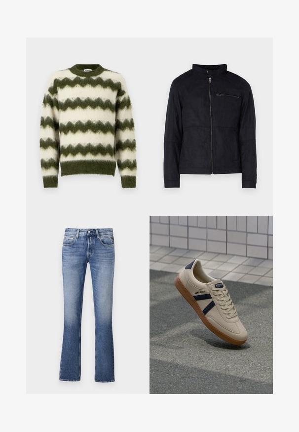 Zwarte jas van een materiaal dat op suede lijkt, met een staande kraag, een ritssluiting aan de voorkant en een ritszak op de borst. Eenvoudig ontwerp met een getailleerde pasvorm.; Groene en witte zigzag-gepatroneerde trui, gemaakt van zacht, fluffy materiaal met een ronde halslijn en geribde manchetten.; Lichtblauwe denim jeans met een uitlopende pijpdesign, voorzien van vijf zakken, een knoopsluiting aan de voorkant en subtiele vervaging overal.; Beige sneaker met een textuurafwerking, marineblauwe strepen en een rubberen zool. Heeft een gevoerde tong en een traditioneel vetersysteem voor een veilige pasvorm.