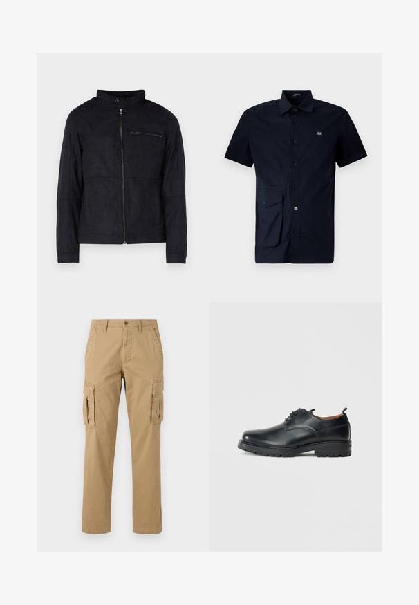 Schwarze Jacke aus samtähnlichem Material, mit Stehkragen, frontalem Reißverschluss und einer mit Reißverschluss versehenen Brusttasche. Schlichtes Design mit taillierter Passform.; Kurzarmp-Shirt in Navy mit Knopfleiste aus Baumwolle, ausgestattet mit einer aufgesetzten Tasche auf der linken Seite und einem kleinen Logo-Patch auf der Brust.; Beige Cargo-Hosen mit zwei Seitentaschen, einem Knopfverschluss, geradem Bein und einem weichen, strukturierten Stoff.; Schwarze Leder Derby-Schuhe mit glatter Textur, runder Zehenform, Schnürdesign und einer dicken, robusten Gummisohle.