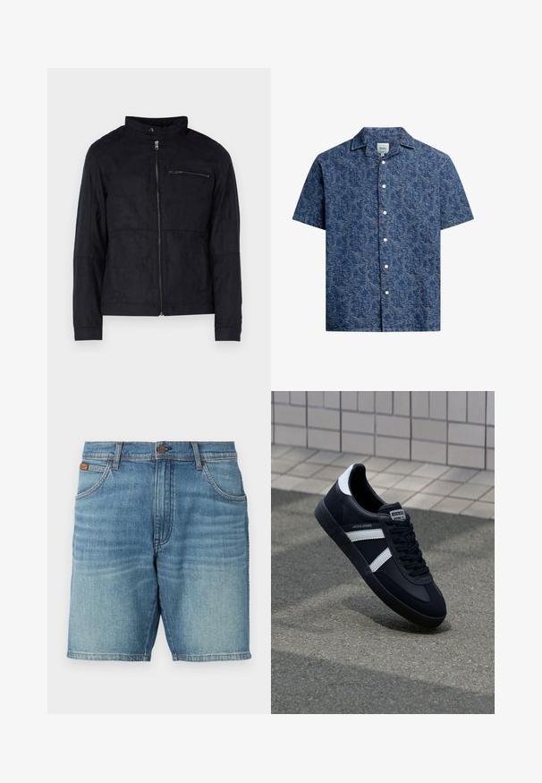 Zwarte jas van een materiaal dat op suede lijkt, met een staande kraag, een ritssluiting aan de voorkant en een ritszak op de borst. Eenvoudig ontwerp met een getailleerde pasvorm.; Korte mouw knoopshirt van gestructureerde donkerblauwe stof met een subtiel patroon en een klassieke kraag. Voorzien van witte knopen aan de voorkant.; Lichtblauwe denimshorts met een klassieke 5-pocket ontwerp, knoopsluiting en subtiele vervaging. Netjes afgewerkte zoom en zichtbare textuur.; Zwarte leren sneaker met witte strepen, een gestructureerde rubberen zool en vetersluiting aan de voorkant. Voorzien van een merklabel op de tong.