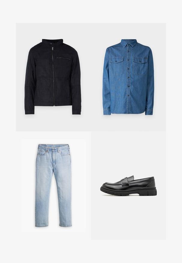 Black jacket made of suede-like material, featuring a stand collar, front zip, and a zippered chest pocket. Simple design with tailored fit.; Denim shirt in medium blue, long sleeves, button-up design, with two chest pockets and a collar. Features a logo on the front.; Light blue denim jeans with a straight leg design, five-pocket style, and contrasting stitching. Button and zipper closure at the waist.; Black leather loafer with a wide strap across the vamp, rubber sole with thick treads, and smooth texture. Classic, sleek design.