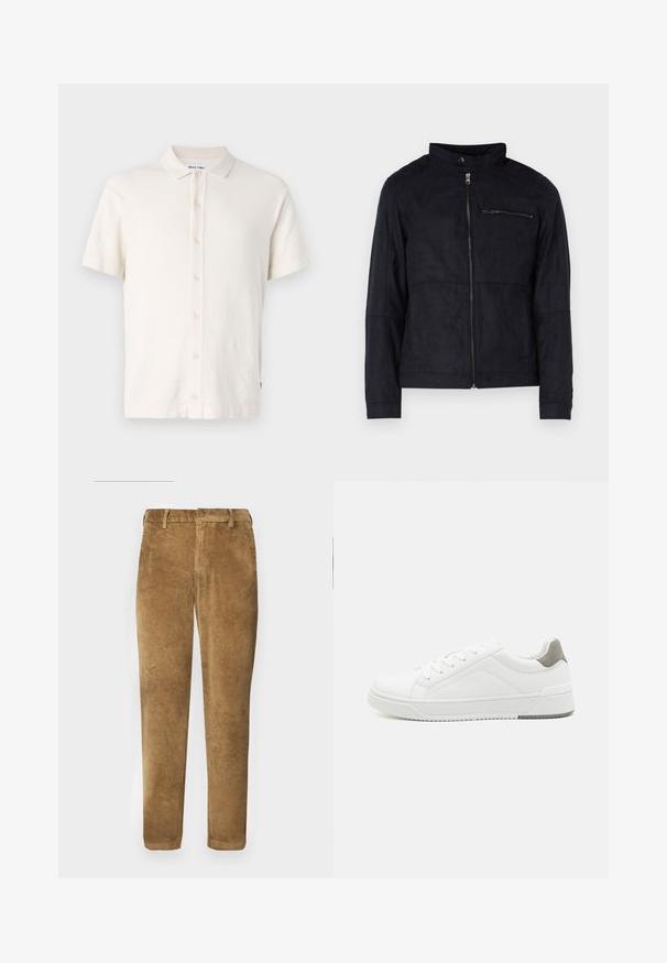 Veste noire en matériau similaire au daim, dotée d'un col montant, d'une fermeture éclair à l'avant et d'une poche poitrine zippée. Design simple avec une coupe ajustée.; Polo à manches courtes en blanc cassé, avec un tissu texturé, des boutons de fermeture et un col classique. Style simple et polyvalent.; Pantalon en velours côtelé marron avec texture à côtes verticales, coupe droite, fermeture à bouton et passants de ceinture. Tissu lisse avec une finition douce.; Basket blanche en cuir lisse, à bout arrondi, design minimaliste, accent de talon gris et semelle en caoutchouc texturé.