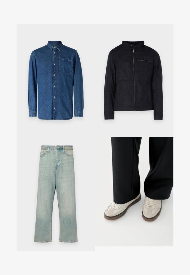 Schwarze Jacke aus samtähnlichem Material, mit Stehkragen, frontalem Reißverschluss und einer mit Reißverschluss versehenen Brusttasche. Schlichtes Design mit taillierter Passform.; Dunkelblaue Denim-Hemden mit langen Ärmeln, mit durchgehender Knopfleiste, klassischem Kragen, einer Brusttasche und Knopfmanschetten.; Helle blaue Denim-Jeans mit lockerer Passform, geraden Beinen und verblasstem Finish; mit klassischem Knopf- und Reißverschluss.; Füße mit beigen Sneakers mit braunen Sohlen und schwarzen Hosen mit weitem Bein auf weißem Hintergrund.